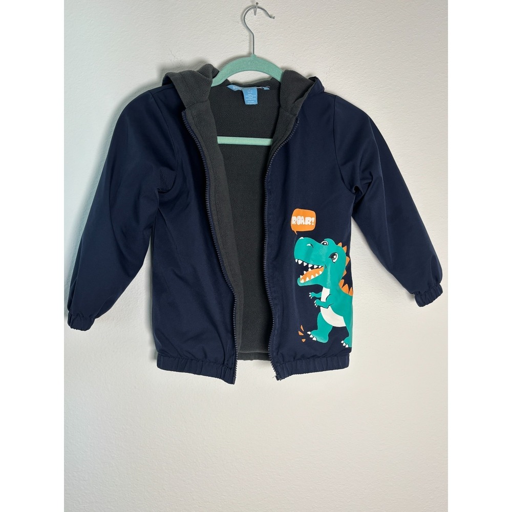 Soho Boys‎ Club Jacket Kids 4 Navy Blue Fleece Lined Roar T-rex Graphic Full Zip